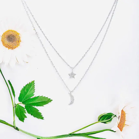 Double Thin Chain Crystal Star + Moon Necklace Sweetwater Labs