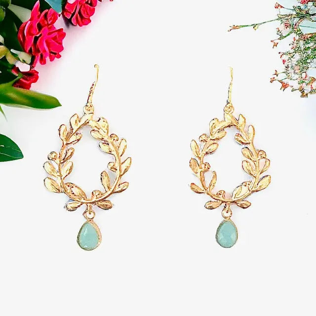Victory Laurel Leaf Earrings with Energy Stones (various stone options in gold or silver) Sweetwater Labs