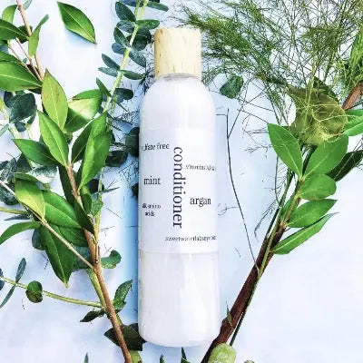100% NATURAL MINT + ARGAN CONDITIONER.  Hydrating + Nourishing. Sulfate/Paraben-free Sweetwater Labs