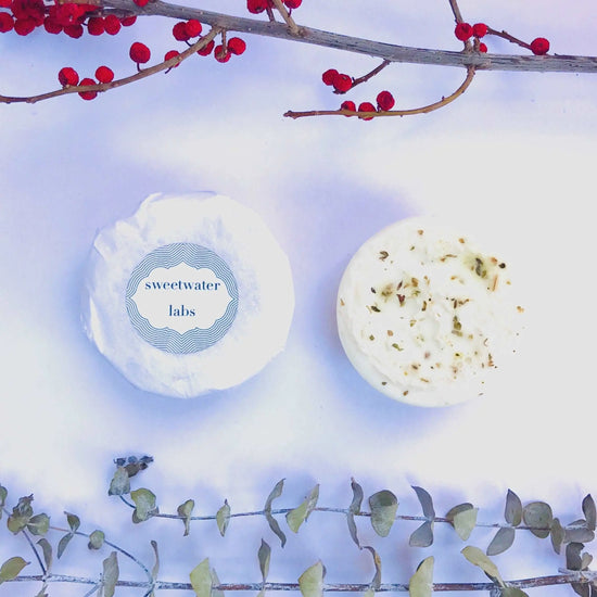 2-SIDED GOAT'S MILK LOOFAH SOAPS (VERTI). Ultra hydrating. Notes of cedar + bergamot. 4 pack Sweetwater Labs