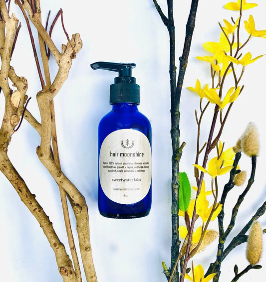 HAIR MOONSHINE. Hair/scalp mask. Repairs + promotes hair growth. Alleviates dandruff + scalp irritations Sweetwater Labs