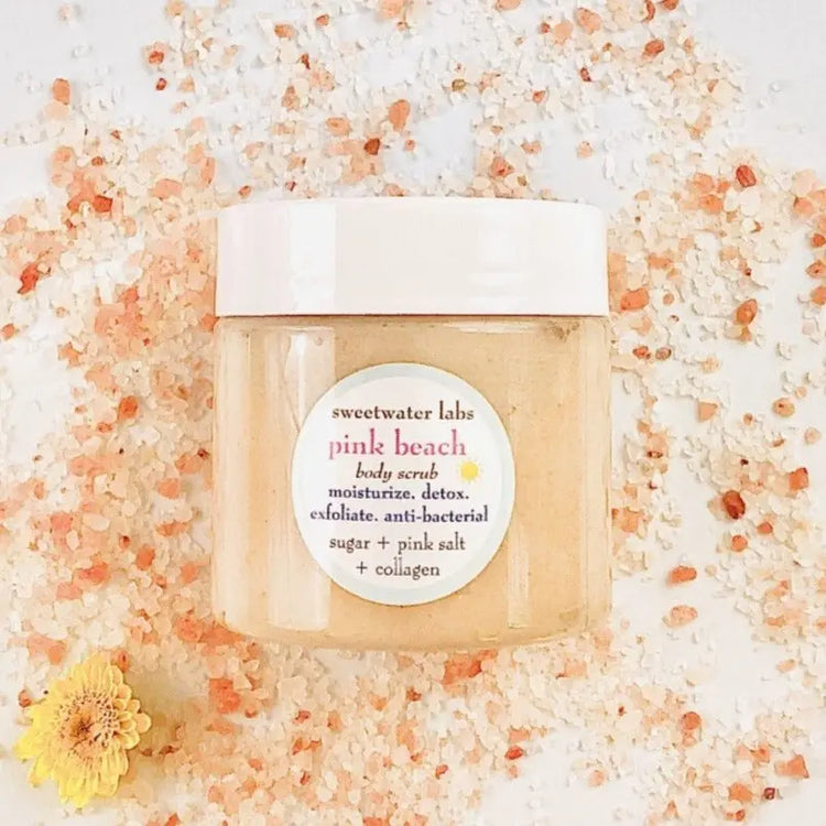 PINK BEACH Sugar & Pink Salt Body Scrub with Collagen. Exfoliates. Cleans. Moisturizes. Sweetwater Labs