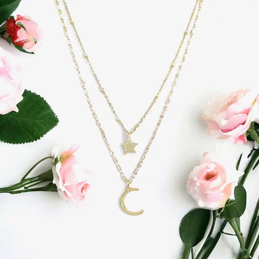 Double Rope Chain Moon + Star Necklace (sterling silver covered in 16K gold) Sweetwater Labs