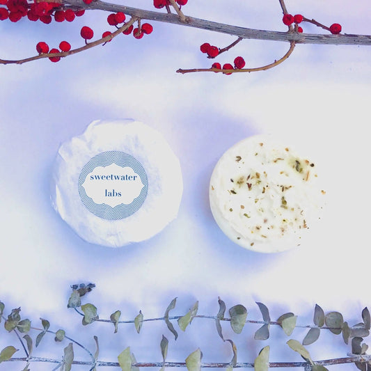 2-SIDED GOAT'S MILK LOOFAH SOAPS (VERTI). Ultra hydrating. Notes of cedar + bergamot. 4 pack Sweetwater Labs
