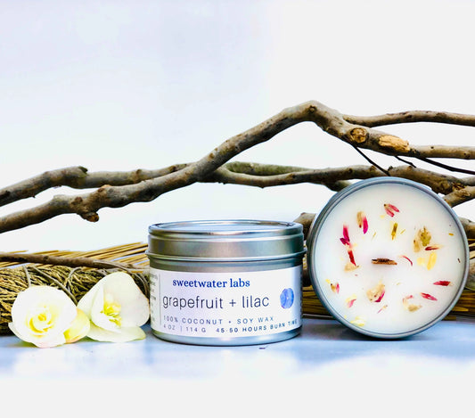 4 oz Grapefruit + Lilac. Eco-friendly, 100% Natural, Wood-Wick Candle Sweetwater Labs