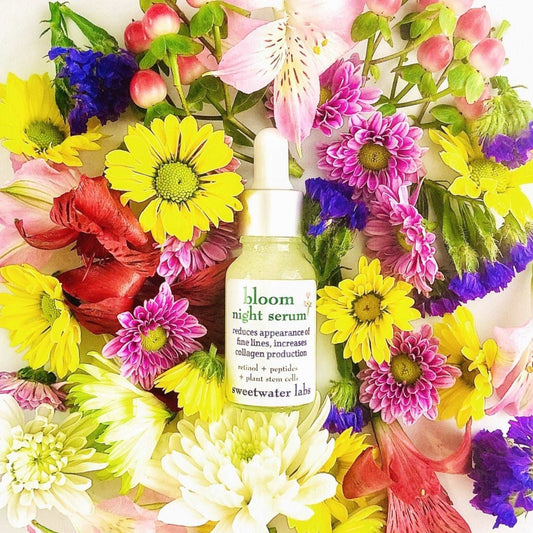 BLOOM NIGHT RETINOL SERUM. Reduces appearance of fine lines, improves collagen production Sweetwater Labs