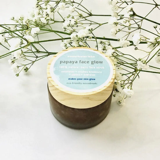 Papaya Face Glow. 100% Natural daily face scrub with eco-friendly microbeads. Exfoliates + crushes breakouts + cleans + hydrates Sweetwater Labs