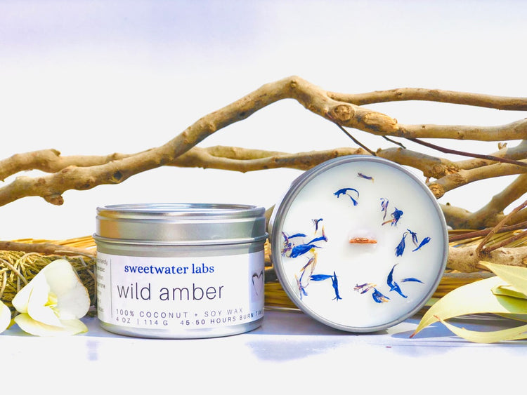 4 oz Wild Amber. Eco-friendly, 100% Natural, Wood Wick Candle Sweetwater Labs